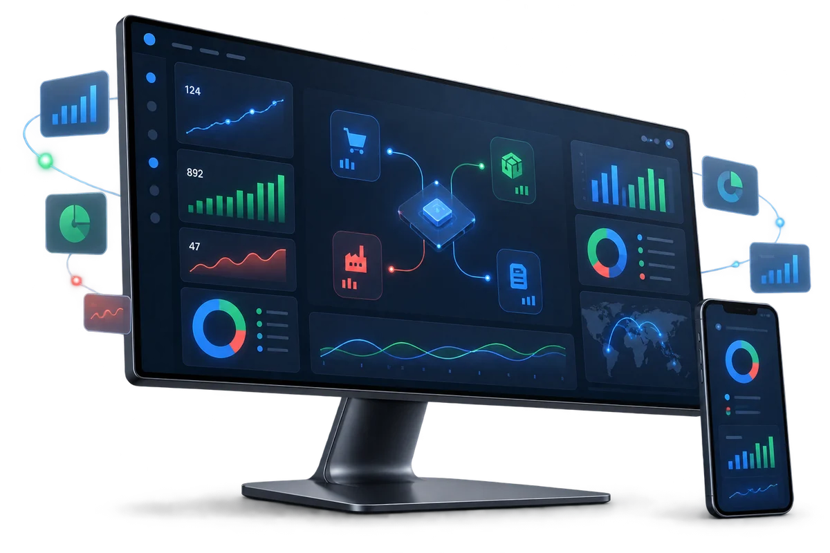 Monitor y teléfono con una plataforma empresarial conectada